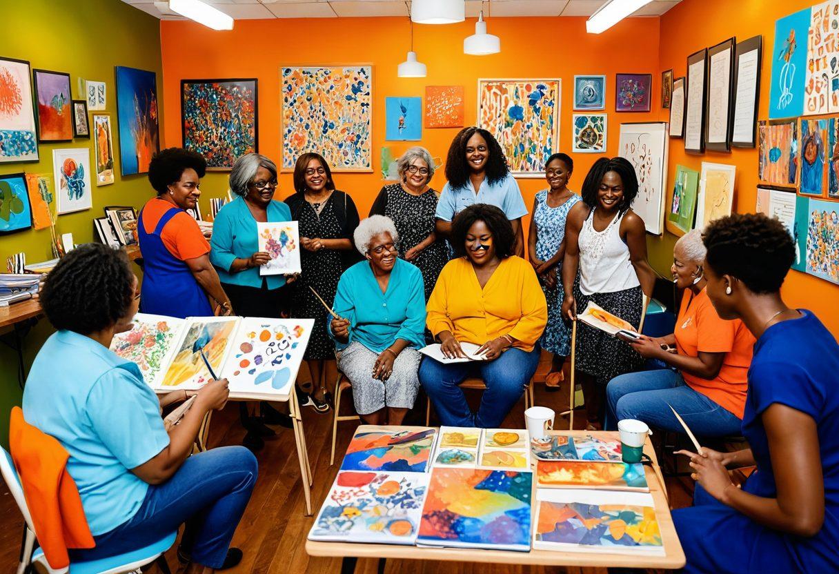 A captivating scene depicting a diverse group of mature individuals engaging in creative and meaningful activities, surrounded by vibrant colors and iconic symbols of self-expression. The background showcases an inclusive community setting with art, literature, and performing arts elements, reflecting empowerment and positivity. Incorporate abstract shapes to symbolize breaking free from stereotypes. soft illustrations. vibrant colors. warm lighting.