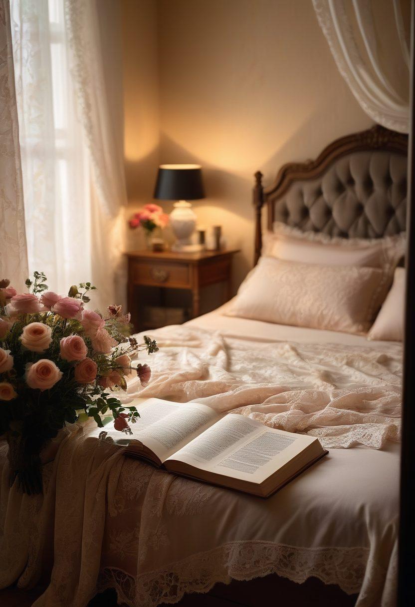 An elegant, intimate setting with a luxurious bedroom adorned in soft, warm lighting, featuring an open book with sensual imagery and delicate lace sheets. In the background, silhouettes of a mature couple sharing a tender gaze, symbolizing connection and desire. Surrounding them, hints of vibrant flowers and tasteful decor evoke a mood of romance and exploration. super-realistic. soft color palette. intimate atmosphere.