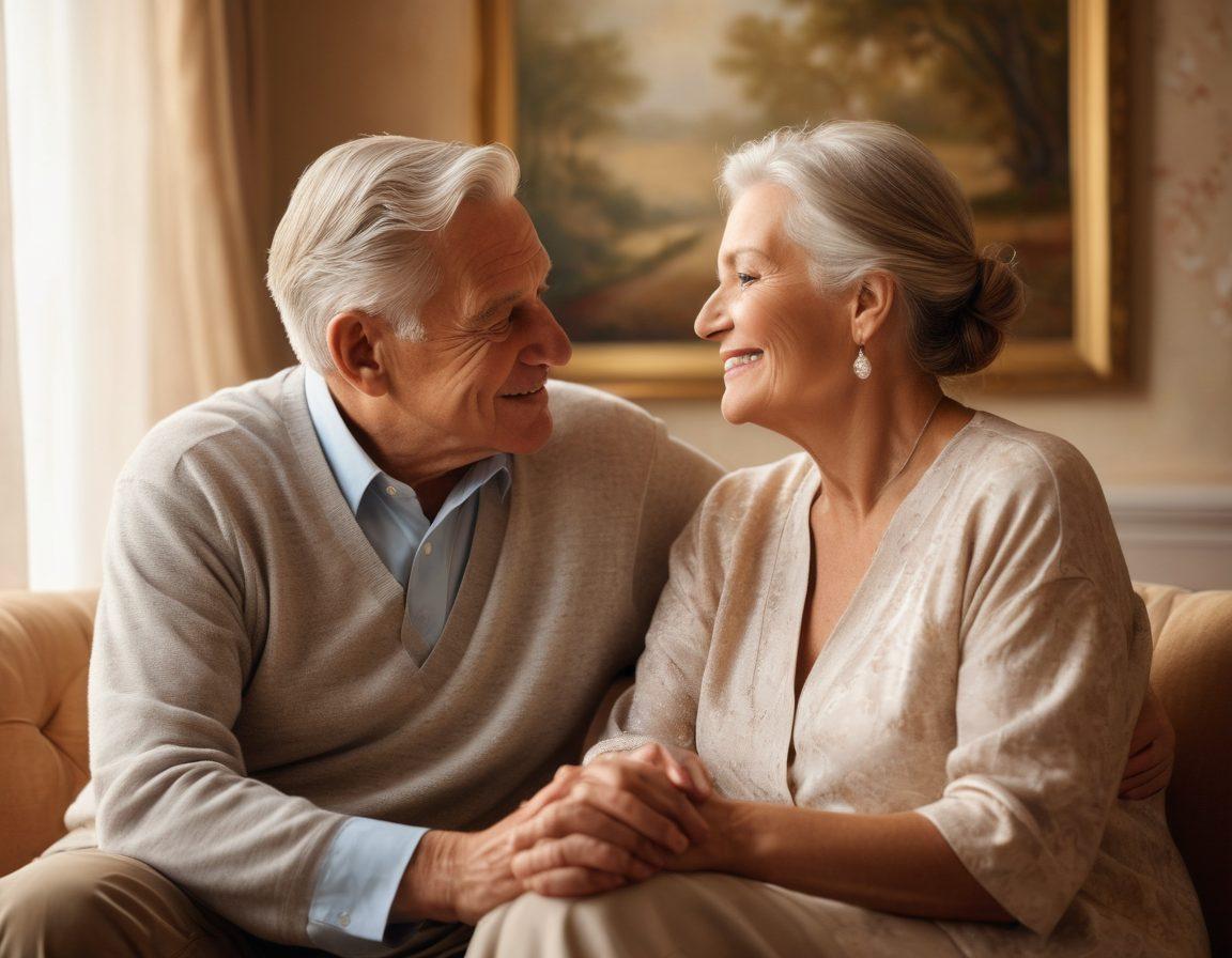 A warm and inviting scene showing an older couple joyfully sharing an intimate moment, surrounded by soft, romantic lighting and elegant decor. The background features tasteful artwork that suggests beauty and connection, while the couple's expressions radiate happiness and comfort. Include subtle elements that represent the theme of love and sensuality, like soft textures and colors. super-realistic. warm tones. soft focus.